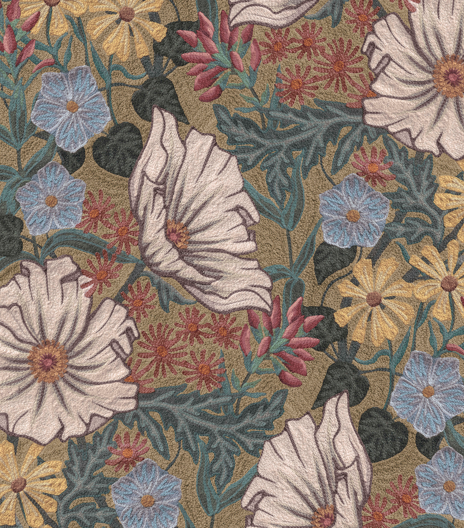 Detail of wallpaper in a large-scale floral print in white, blue, yellow and pink on a tan field.