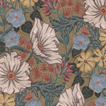 Detail of fabric in a large-scale floral print in white, blue, yellow and pink on a tan field.