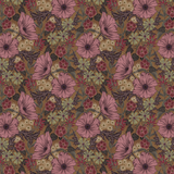 Scaled-out view of wallpaper in a large-scale floral print in pink, purple and green on a brown field.