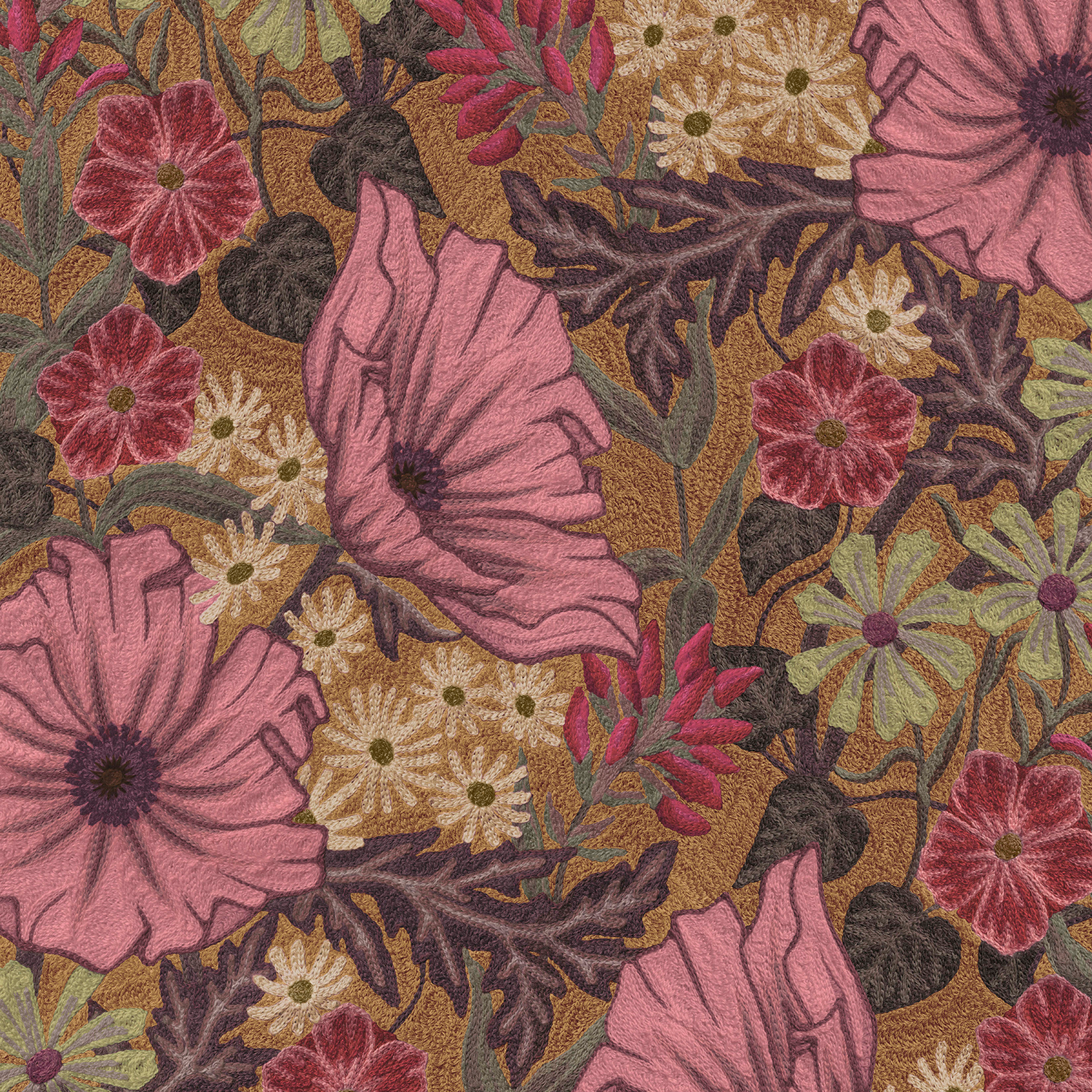 Detail of wallpaper in a large-scale floral print in pink, purple and green on a brown field.