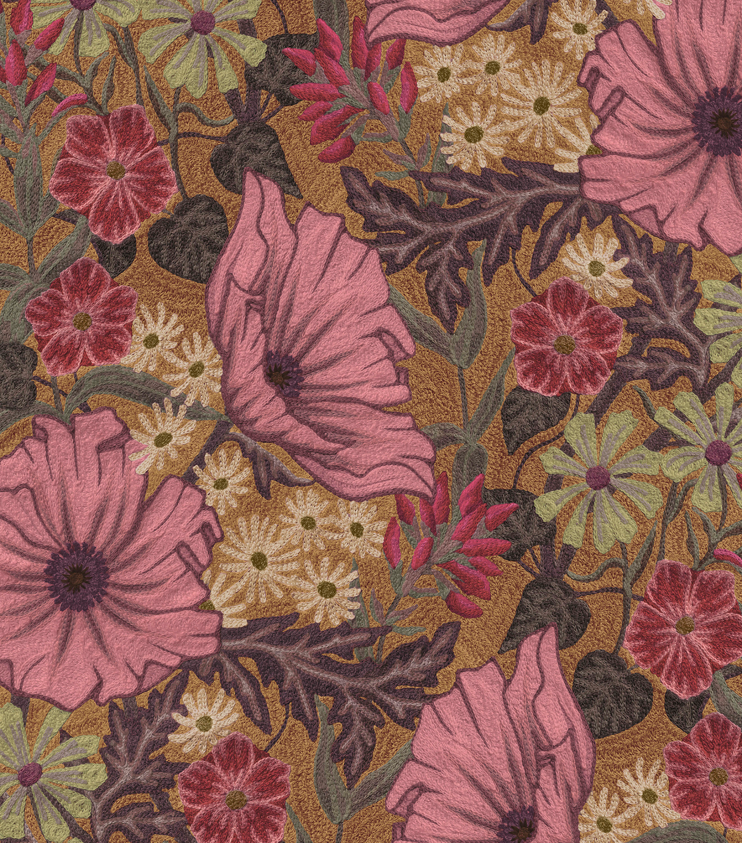 Detail of wallpaper in a large-scale floral print in pink, purple and green on a brown field.