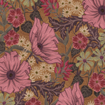 Detail of fabric in a large-scale floral print in pink, purple and green on a brown field.