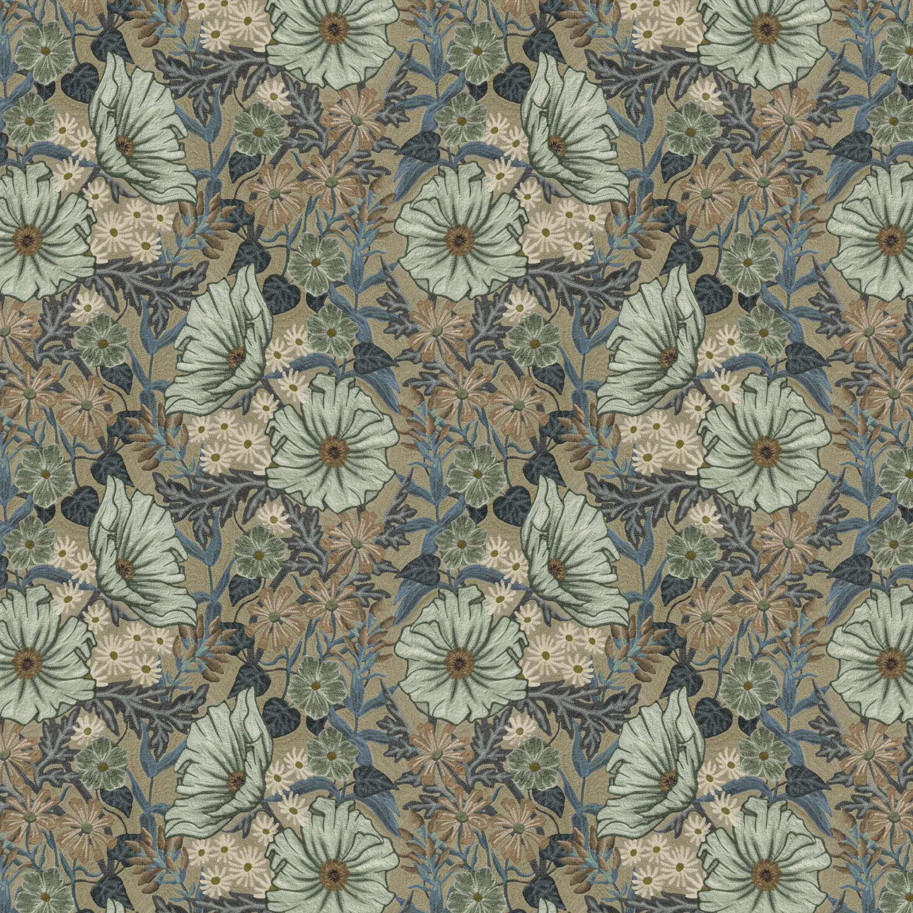 Scaled-out view of wallpaper in a large-scale floral print in white, blue and green on a light brown field.