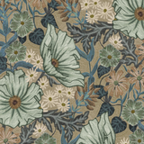 Detail of wallpaper in a large-scale floral print in white, blue and green on a light brown field.