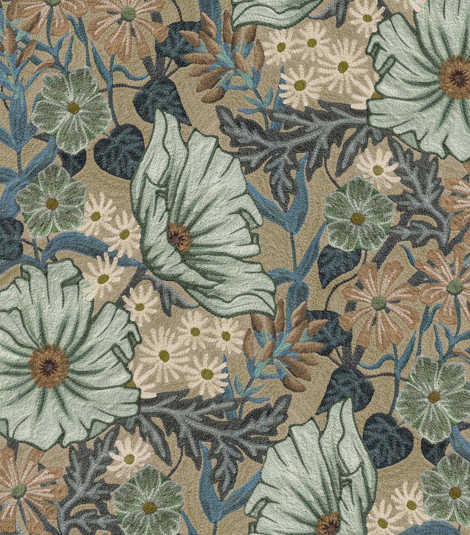 Detail of wallpaper in a large-scale floral print in white, blue and green on a light brown field.