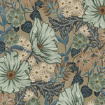 Detail of fabric in a large-scale floral print in white, blue and green on a light brown field.