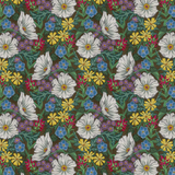 Scaled-out view of wallpaper in a large-scale floral print in a rainbow of colors on a brown field.