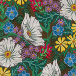 Detail of wallpaper in a large-scale floral print in a rainbow of colors on a brown field.