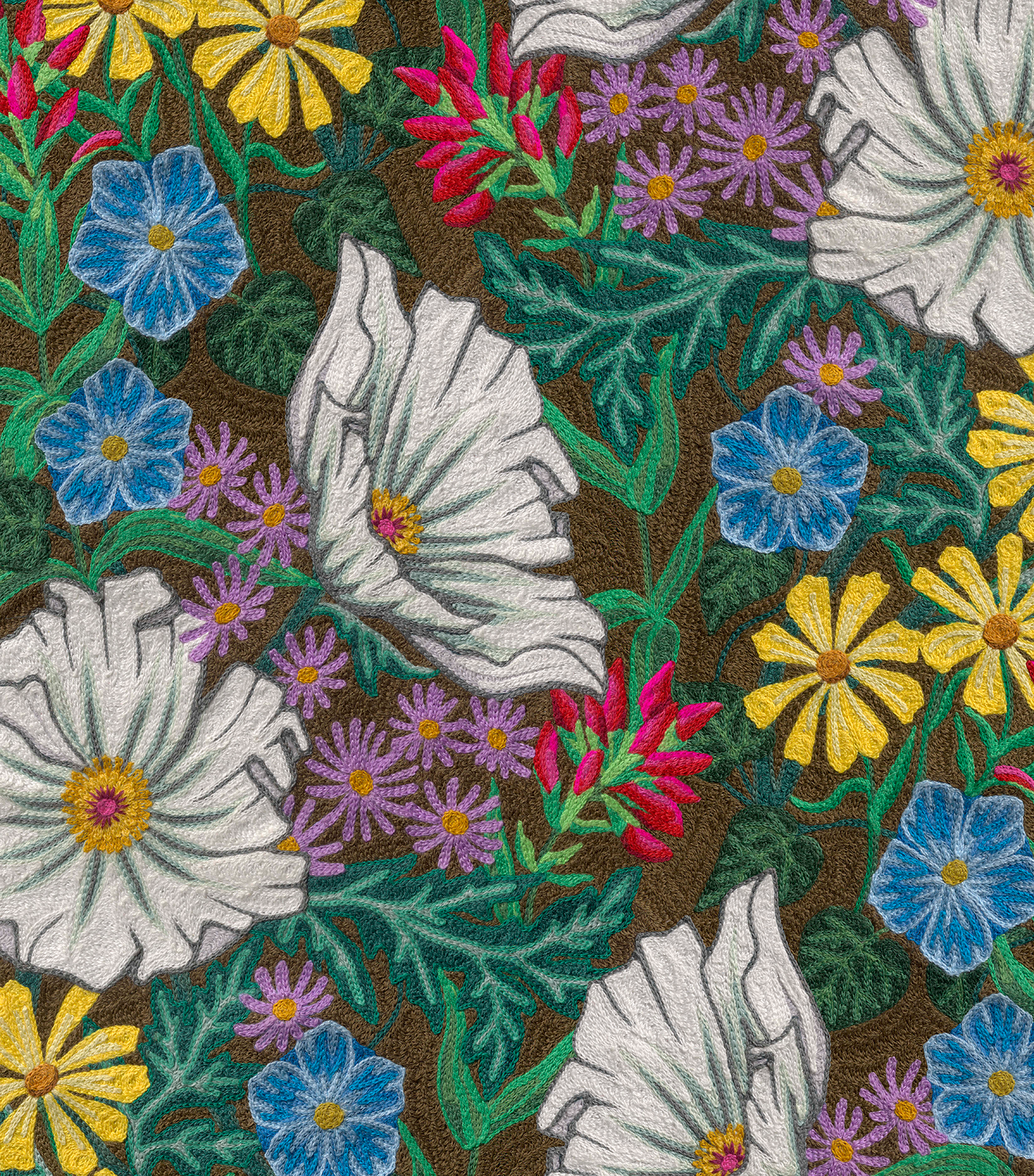 Detail of wallpaper in a large-scale floral print in a rainbow of colors on a brown field.