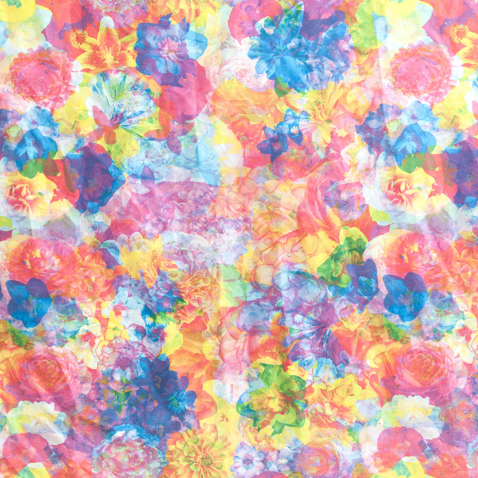 Detail of fabric in a dense photorealistic floral print in multicolor neon shades.