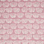 Indian-inspired floral line drawings arranged in a striped pattern on woven fabric. White on pink background.