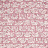 Indian-inspired floral line drawings arranged in a striped pattern on woven fabric. White on pink background.