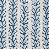 Fabric swatch with a horizontal striped pattern of curved branches topped with tiny fruits, in shades of cream, blue and navy.