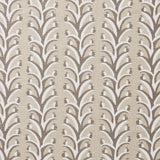 Fabric swatch with a horizontal striped pattern of curved branches topped with tiny fruits, in shades of tan, taupe and white.