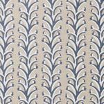 Fabric swatch with a horizontal striped pattern of curved branches topped with tiny fruits, in shades of tan, slate and white.