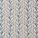 Fabric swatch with a horizontal striped pattern of curved branches topped with tiny fruits, in shades of tan, slate and white.