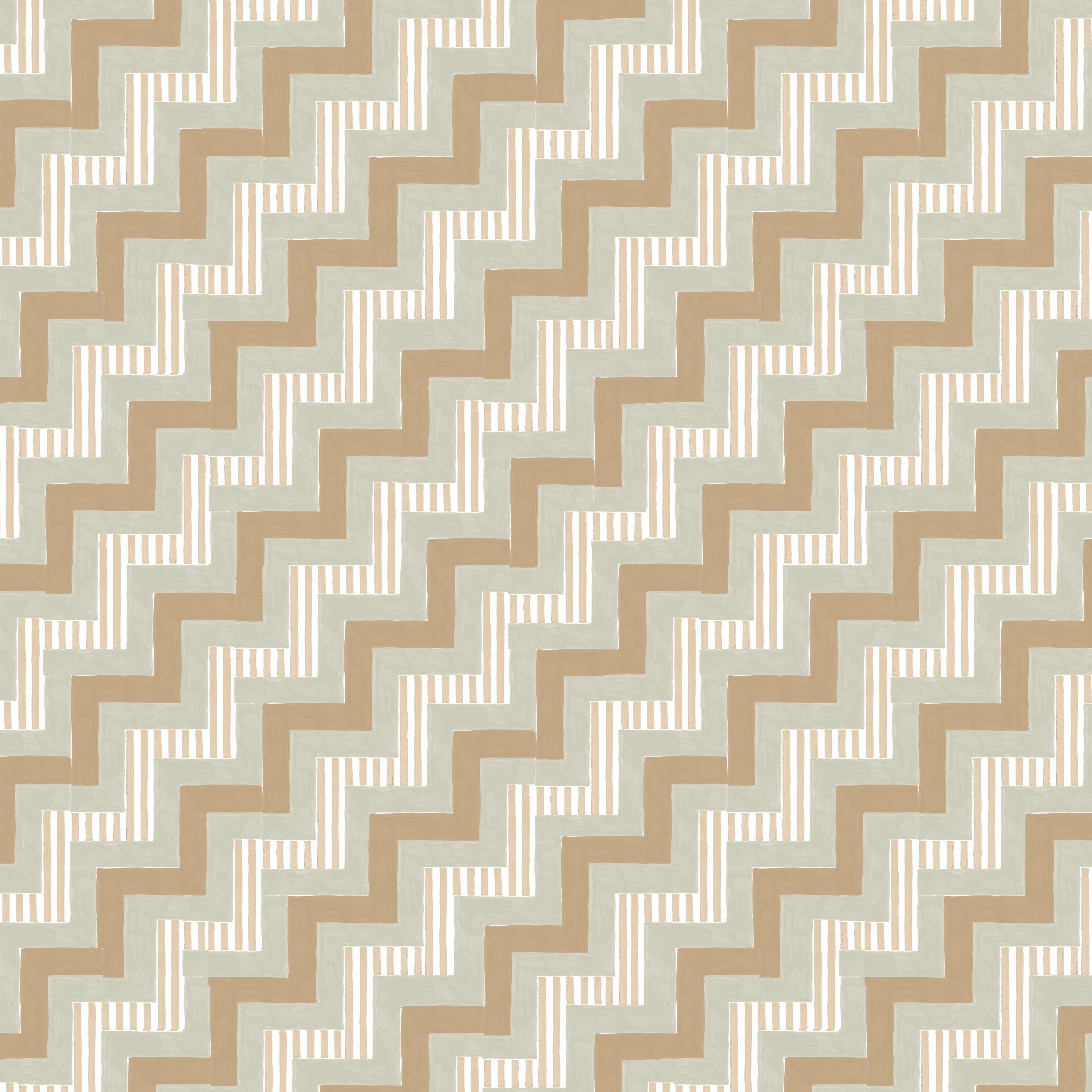 Detail of wallpaper in a playful zigzag stripe print in shades of brown, gray and white.