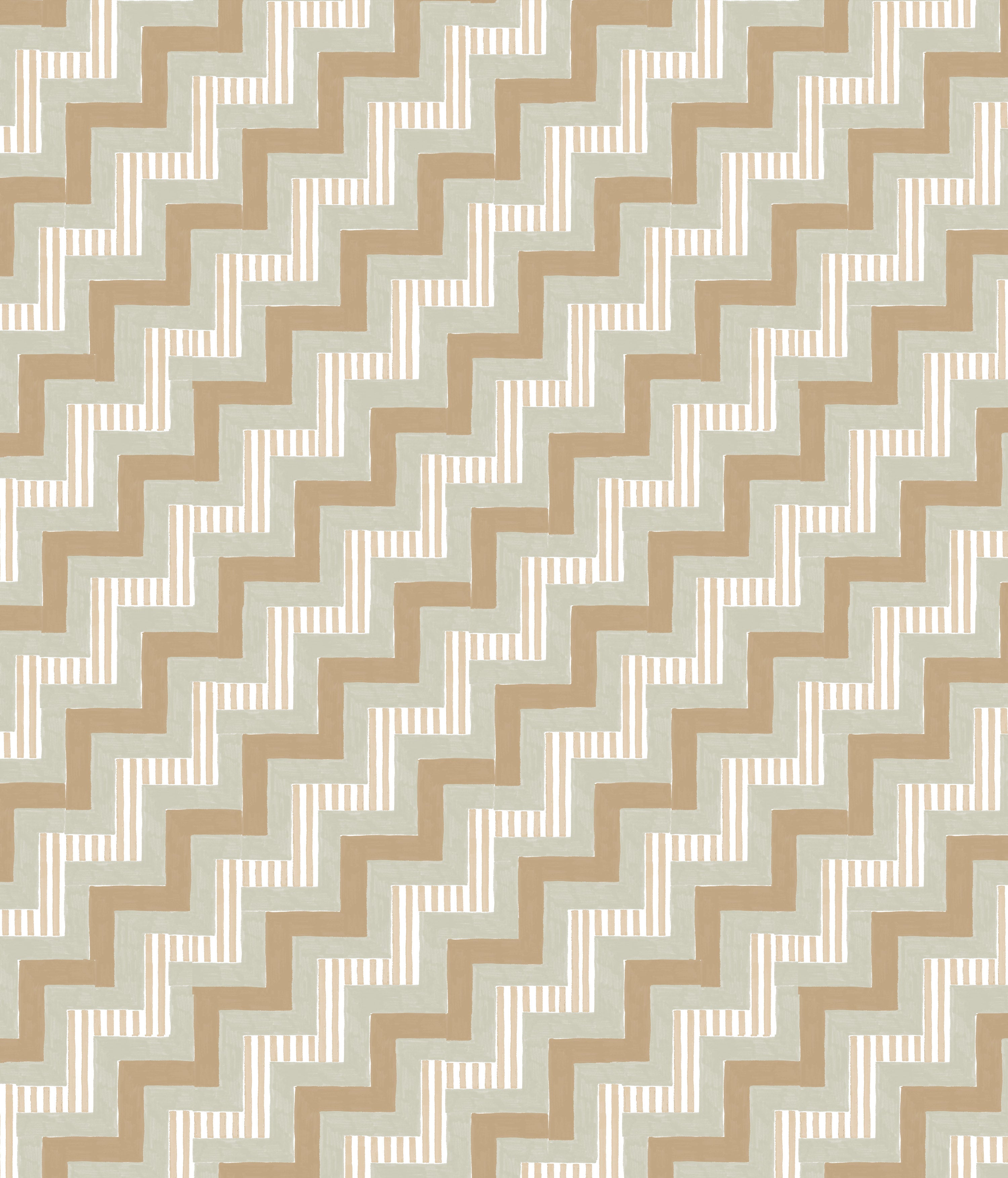 Detail of wallpaper in a playful zigzag stripe print in shades of brown, gray and white.