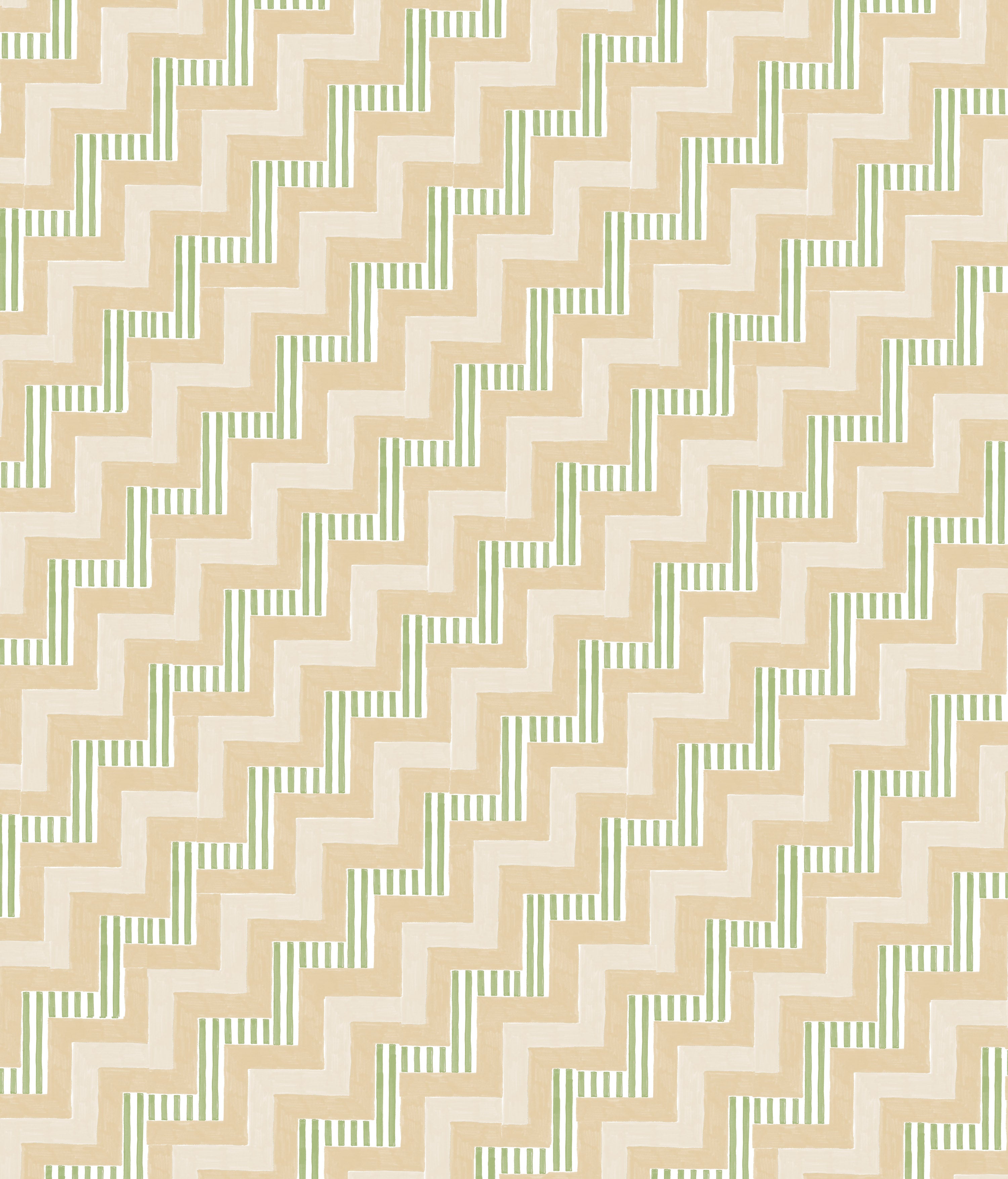 Detail of fabric in a playful zigzag stripe print in shades of pink, beige and green.