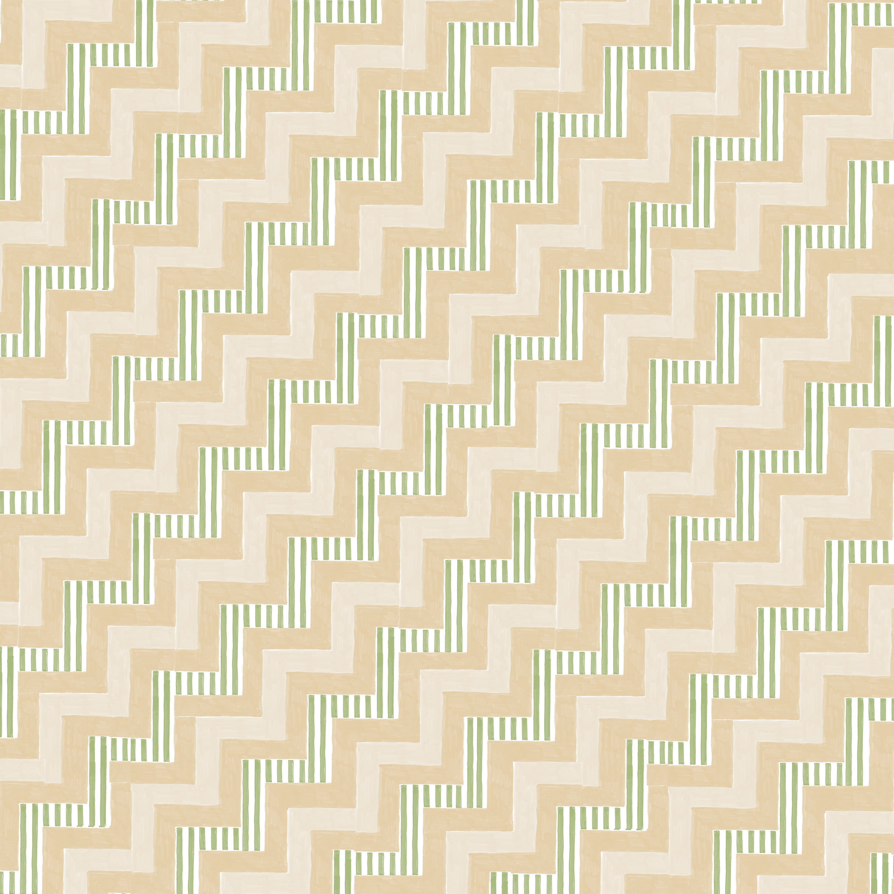 Detail of wallpaper in a playful zigzag stripe print in shades of pink, beige and green.