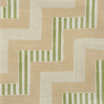 Close-up of fabric in a playful zigzag stripe print in shades of pink, beige and green.