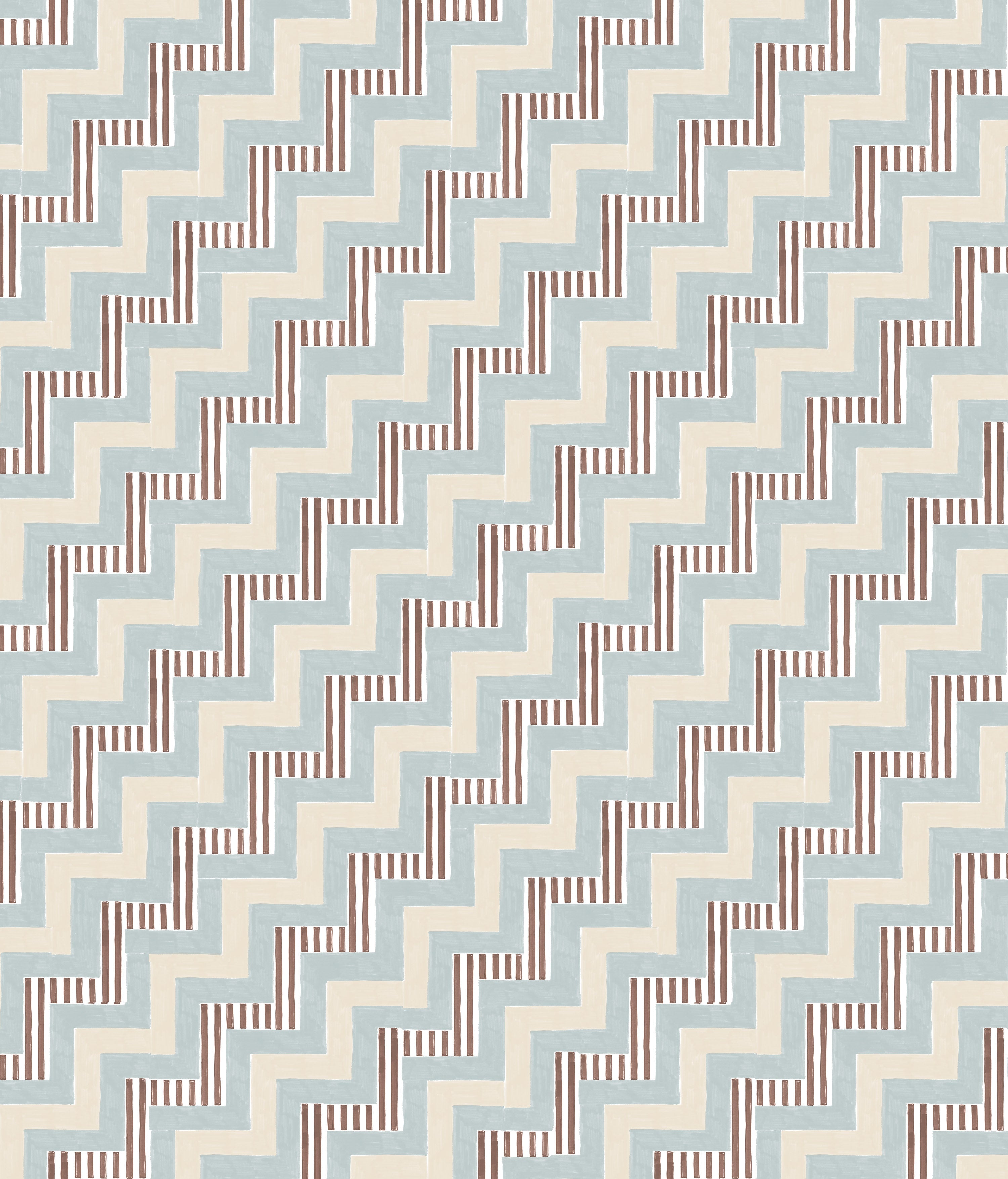 Detail of fabric in a playful zigzag stripe print in shades of beige, blue and brown.