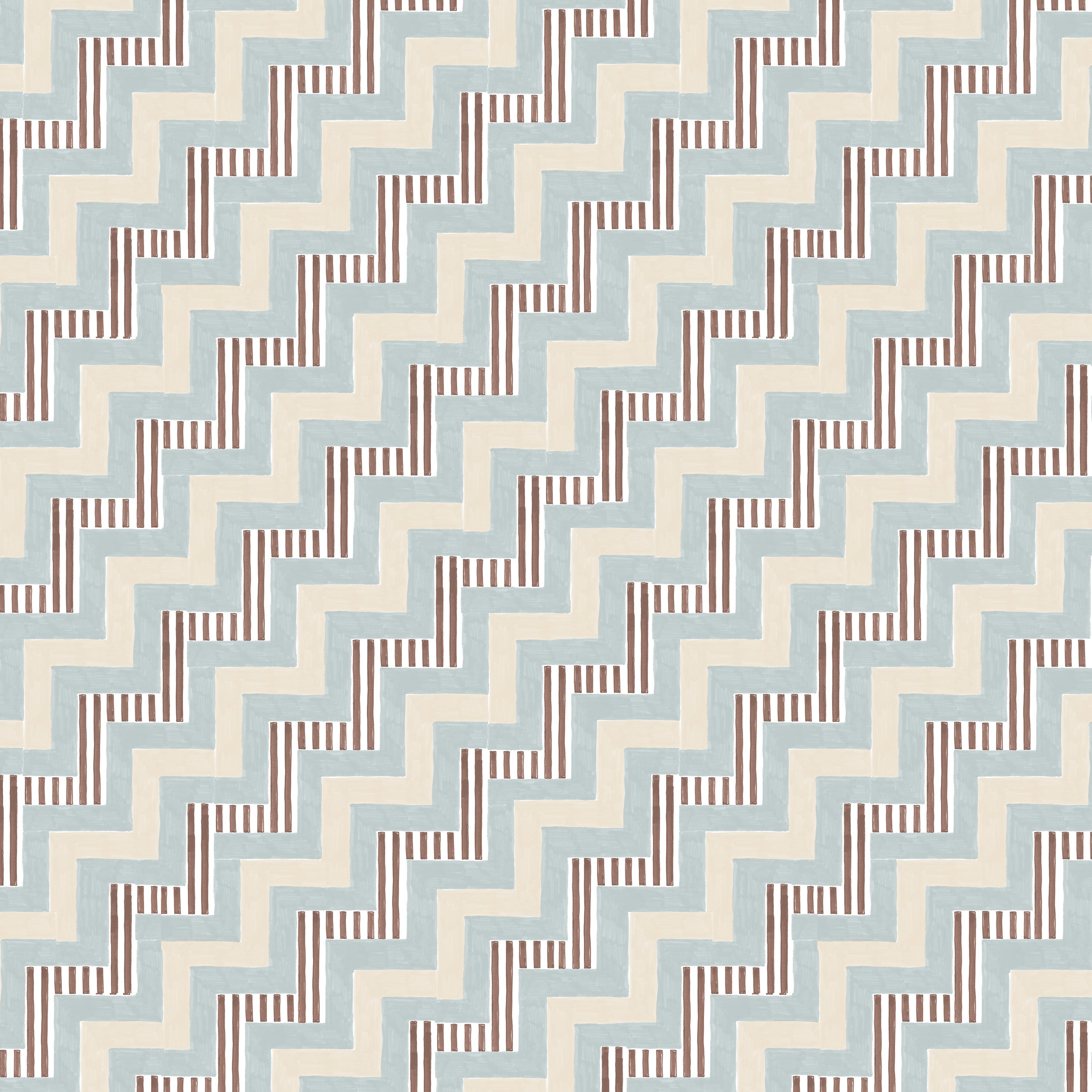 Detail of wallpaper in a playful zigzag stripe print in shades of beige, blue and brown.