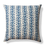Square throw pillow with a horizontal striped pattern of curved branches with tiny fruits, in shades of blue, navy and tan.