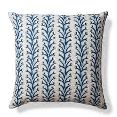 Square throw pillow with a horizontal striped pattern of curved branches with tiny fruits, in shades of blue, navy and tan.