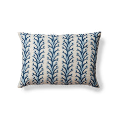 Rectangular throw pillow with a horizontal striped pattern of curved branches with tiny fruits, in shades of blue, navy and tan.