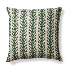 Square throw pillow with a horizontal striped pattern of curved branches with tiny fruits, in shades of green and tan.