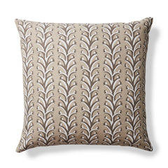 Square throw pillow with a horizontal striped pattern of curved branches with tiny fruits, in shades of tan, cream and white.