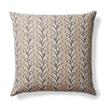 Square throw pillow with a horizontal striped pattern of curved branches with tiny fruits, in shades of tan, cream and white.