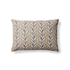 Rectangular throw pillow with a horizontal striped pattern of curved branches with tiny fruits, in shades of green and tan.