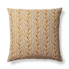 Square throw pillow with a horizontal striped pattern of curved branches with tiny fruits, in shades of rust, tan and cream.