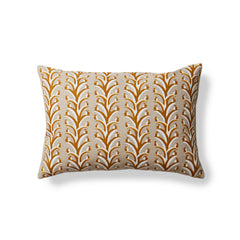 Rectangular throw pillow with a horizontal striped pattern of curved branches with tiny fruits, in shades of rust, tan and cream.
