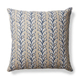 Square throw pillow with a horizontal striped pattern of curved branches with tiny fruits, in shades of tan, navy and white.