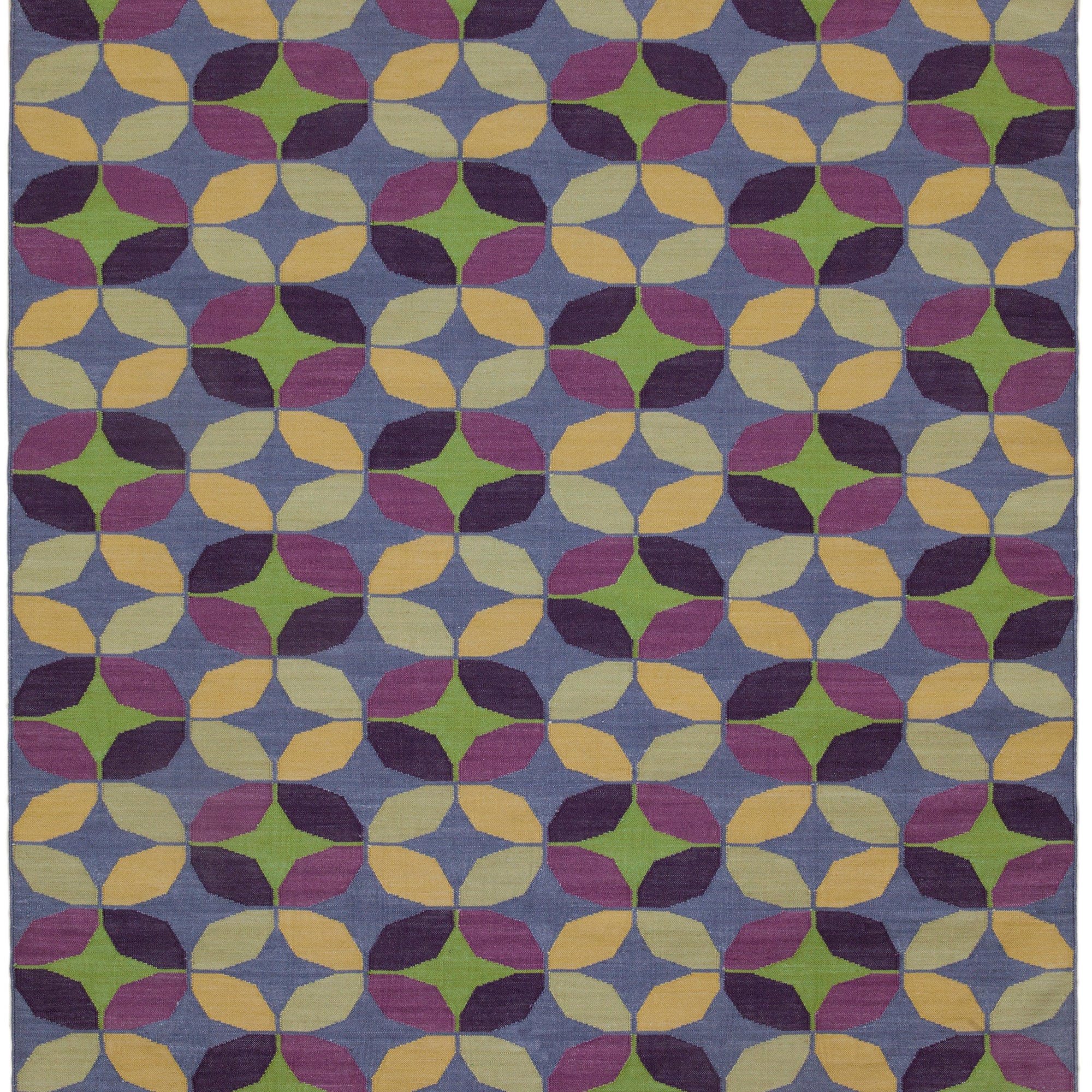 Full size Alhambra Rug in multi color yellow, green, magenta, purple and blue featuring a pattern of linked circles that create a star like lattice