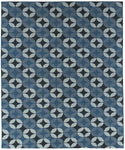 Full size Alhambra Rug featuring a pattern of linked circles that create a star like lattice in a range of blue shades, from pale blue to chambray, indigo, to dark navy