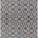 Full size Alhambra Rug in Seafret featuring pattern of linked circles that create a star like lattice in a range of pale blues, with a light green accent on a soft white field. 