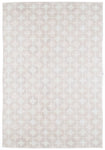Full size Alhambra Rug in Stonewash featuring pattern of linked circles that create a star like lattice in a range of pale pink tones a soft white field. 