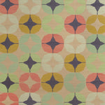 Rug swatch featuring a circle and star lattice pattern in coral, mustard yellow, seafoam green, pale green and royal purple accents on a tan field. 