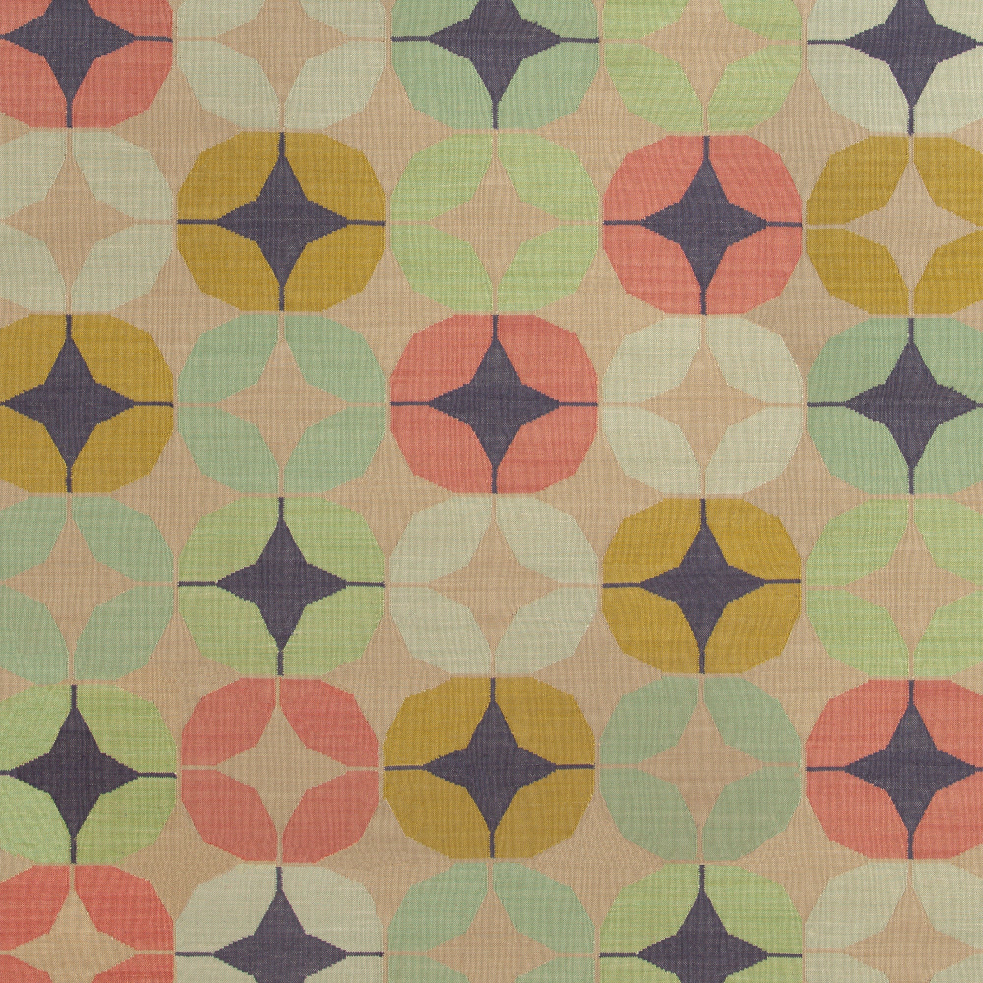 Rug swatch featuring a circle and star lattice pattern in coral, mustard yellow, seafoam green, pale green and royal purple accents on a tan field. 