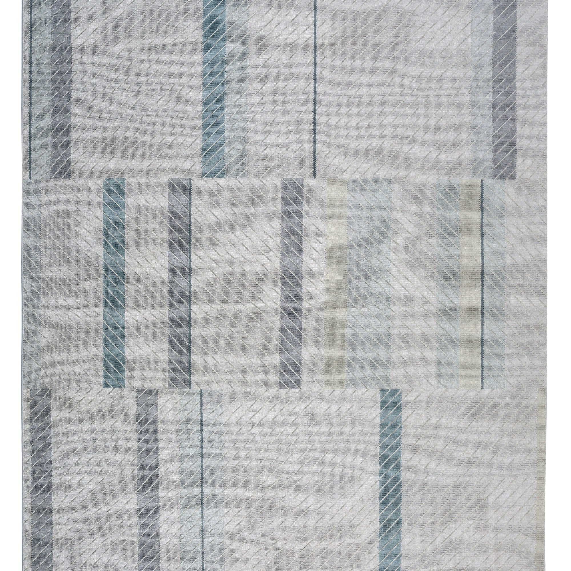 Full size Amelia Rug in Pearl featuring a minimalist broken stripe pattern, overlayed with thin white diagonal lines. The broken stripes are a mix of pale blues, grey, and turquoise with slate grey accents, all on a pale grey field. 