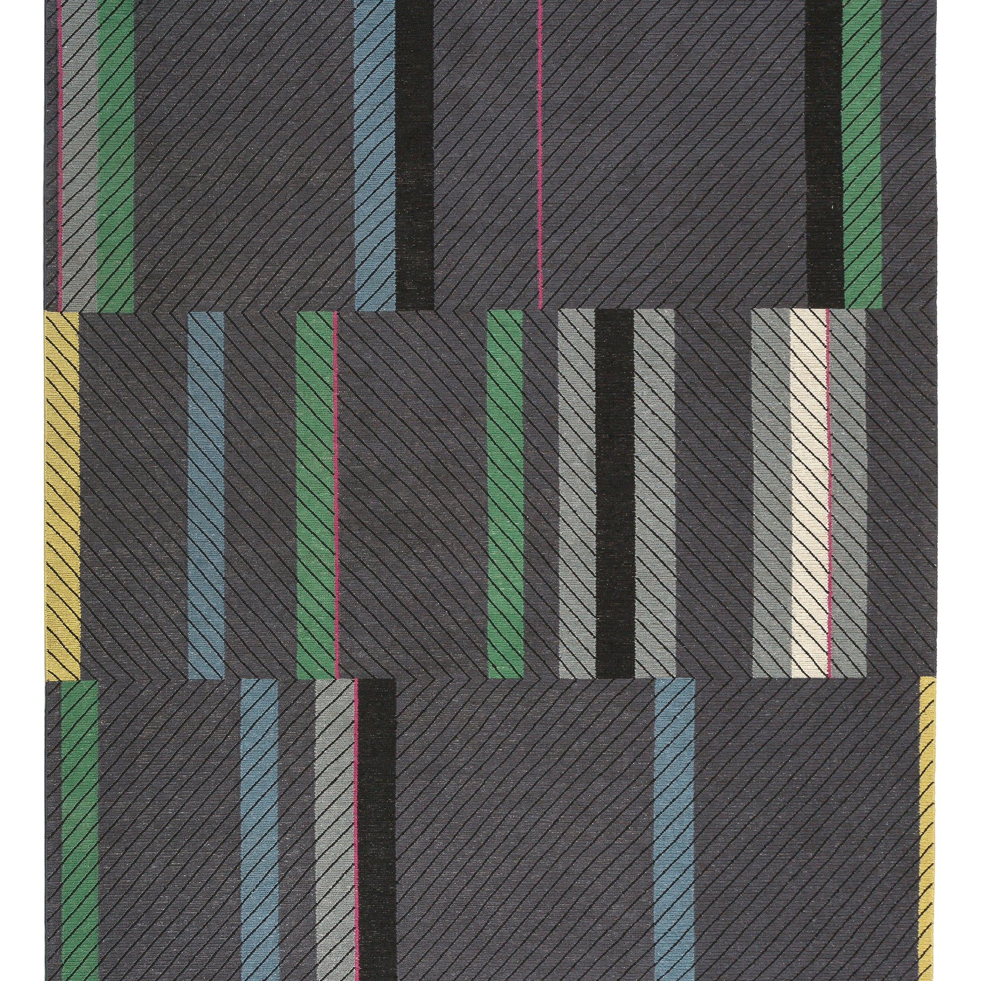 Full Size Amelia Rug in Spinel featuring a minimalist broken stripe pattern, overlayed with thin black diagonal lines. The broken stripes are a mix of white, grey, kelly green, denim blue, black with hot pink accents, all on a charcoal grey field. 