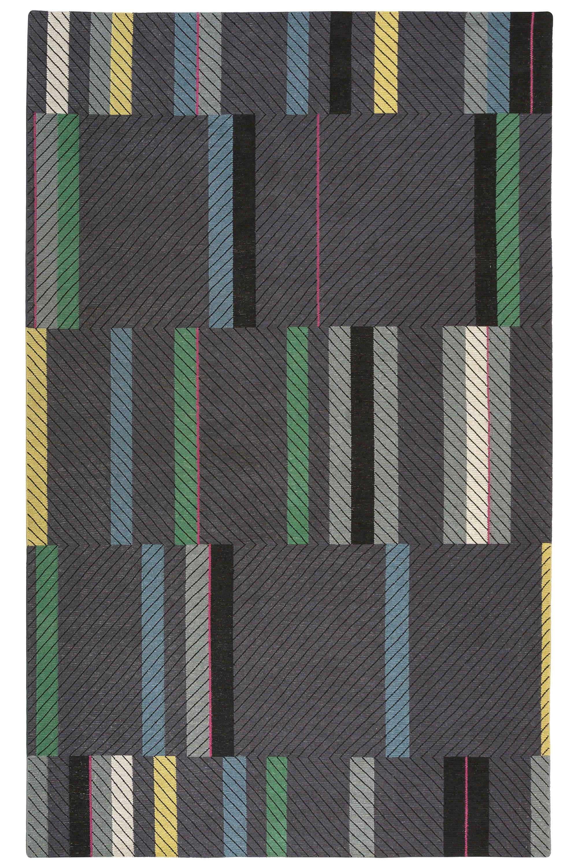 Full Size Amelia Rug in Spinel featuring a minimalist broken stripe pattern, overlayed with thin black diagonal lines. The broken stripes are a mix of white, grey, kelly green, denim blue, black with hot pink accents, all on a charcoal grey field. 