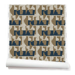 Wallpaper roll with a pattern of brown geometric vessel shapes over a white background with navy blue horizontal stripes.