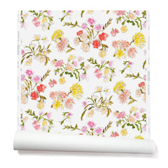 Partially unrolled wallpaper with a pattern of large-scale line-drawn flowers in gray ink with red, pink and yellow watercolors, on a beige background.