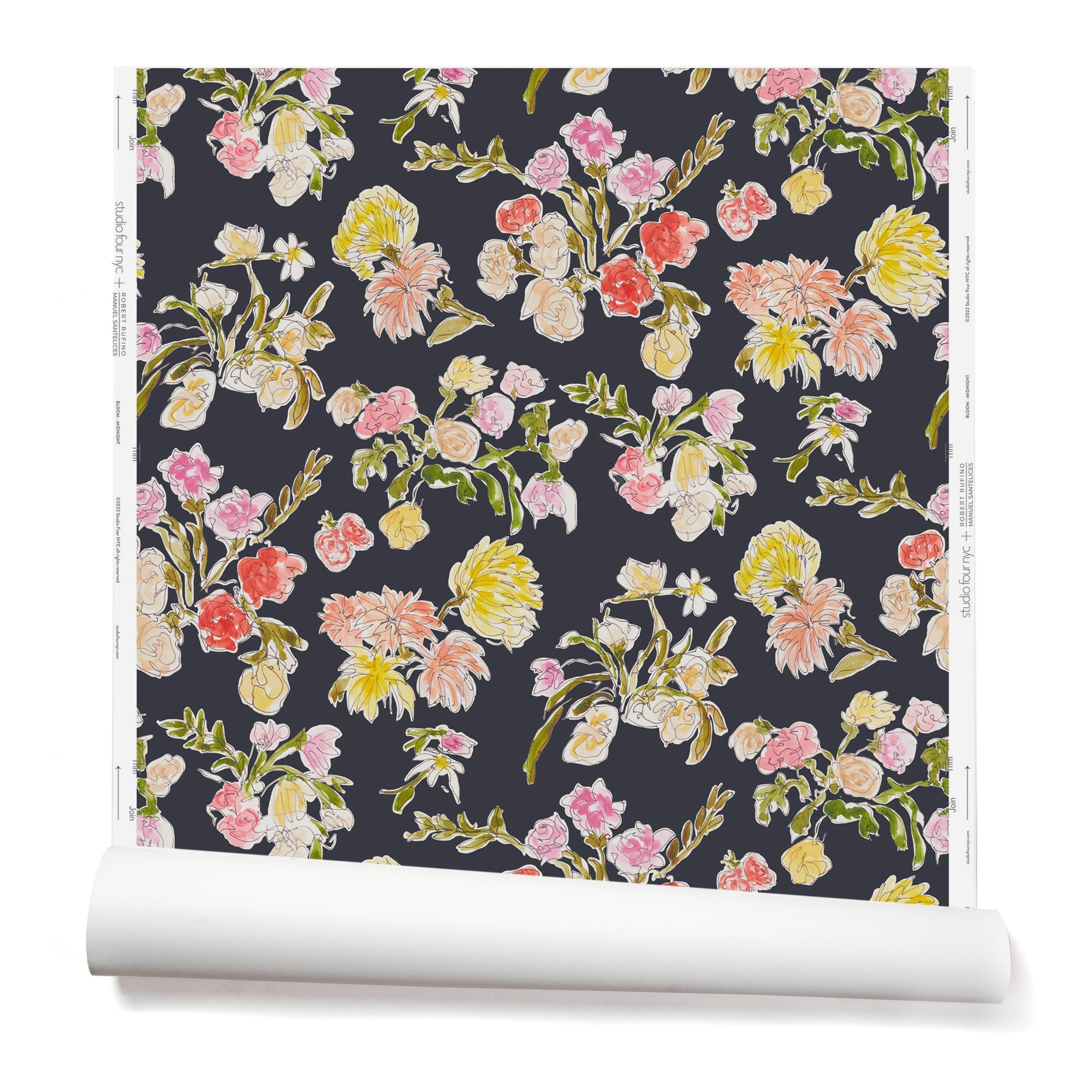 Partially unrolled wallpaper with a pattern of large-scale line-drawn flowers in gray ink with red, pink and yellow watercolors, on a black background.