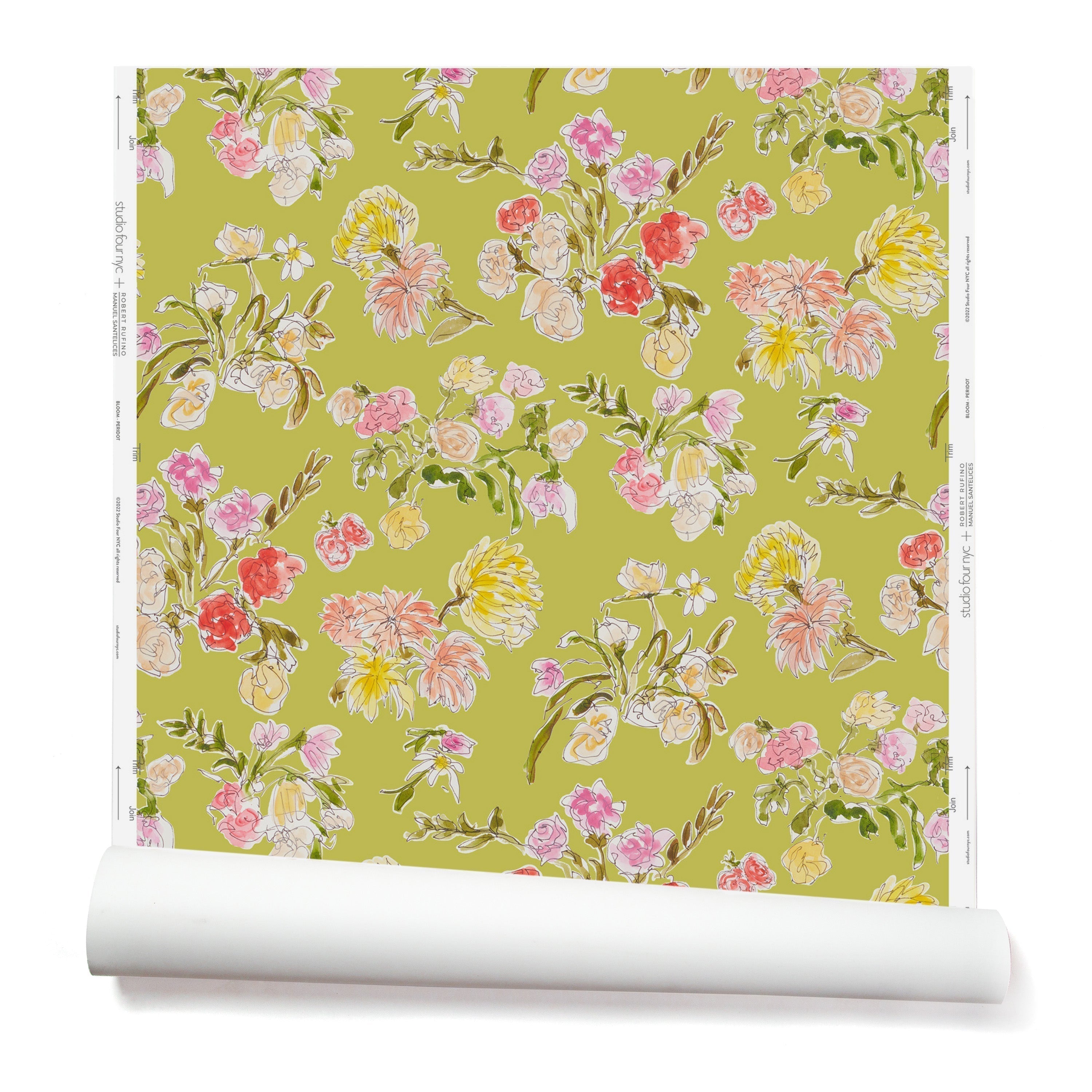 Partially unrolled wallpaper with a pattern of large-scale line-drawn flowers in gray ink with red, pink and yellow watercolors, on a light green background.